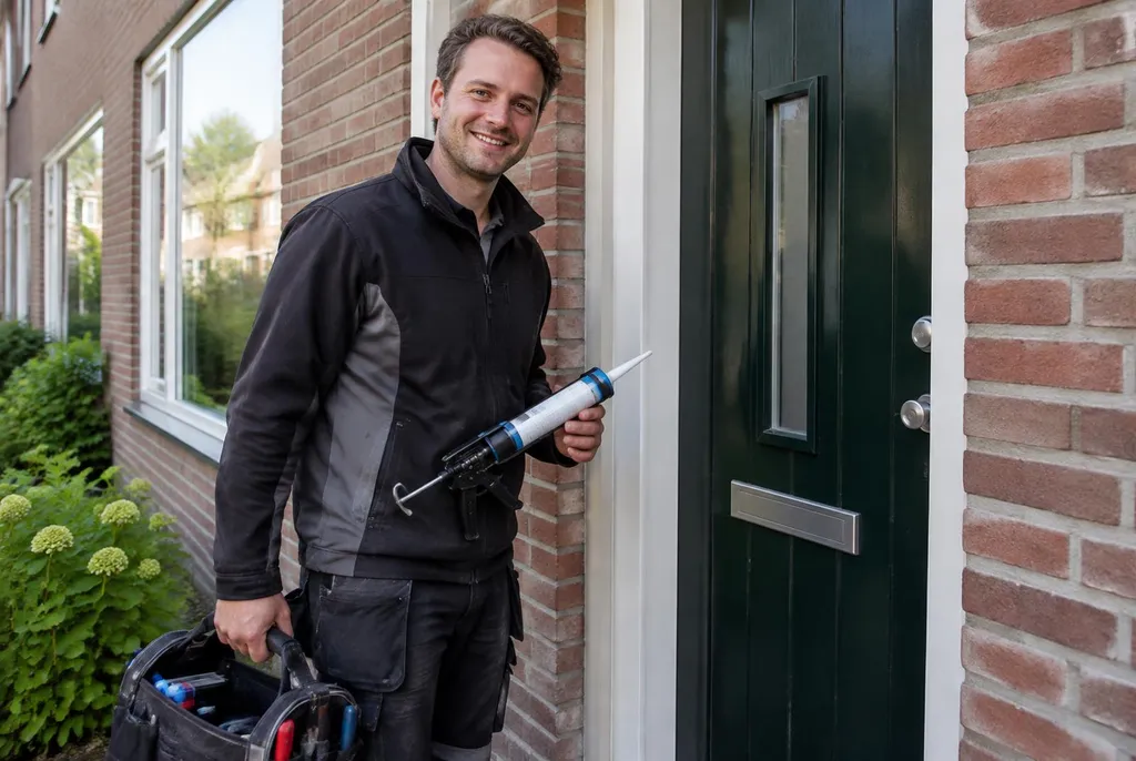 Vakman van Kitbedrijf Bunschoten bij de voordeur van een woning